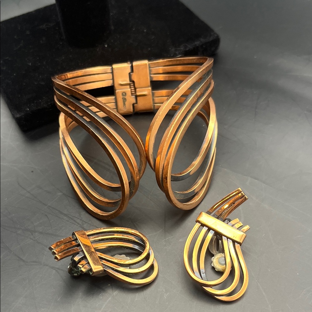 Vintage signed Renoir copper hinged rhythm set clamp bracelet earrings 50s
